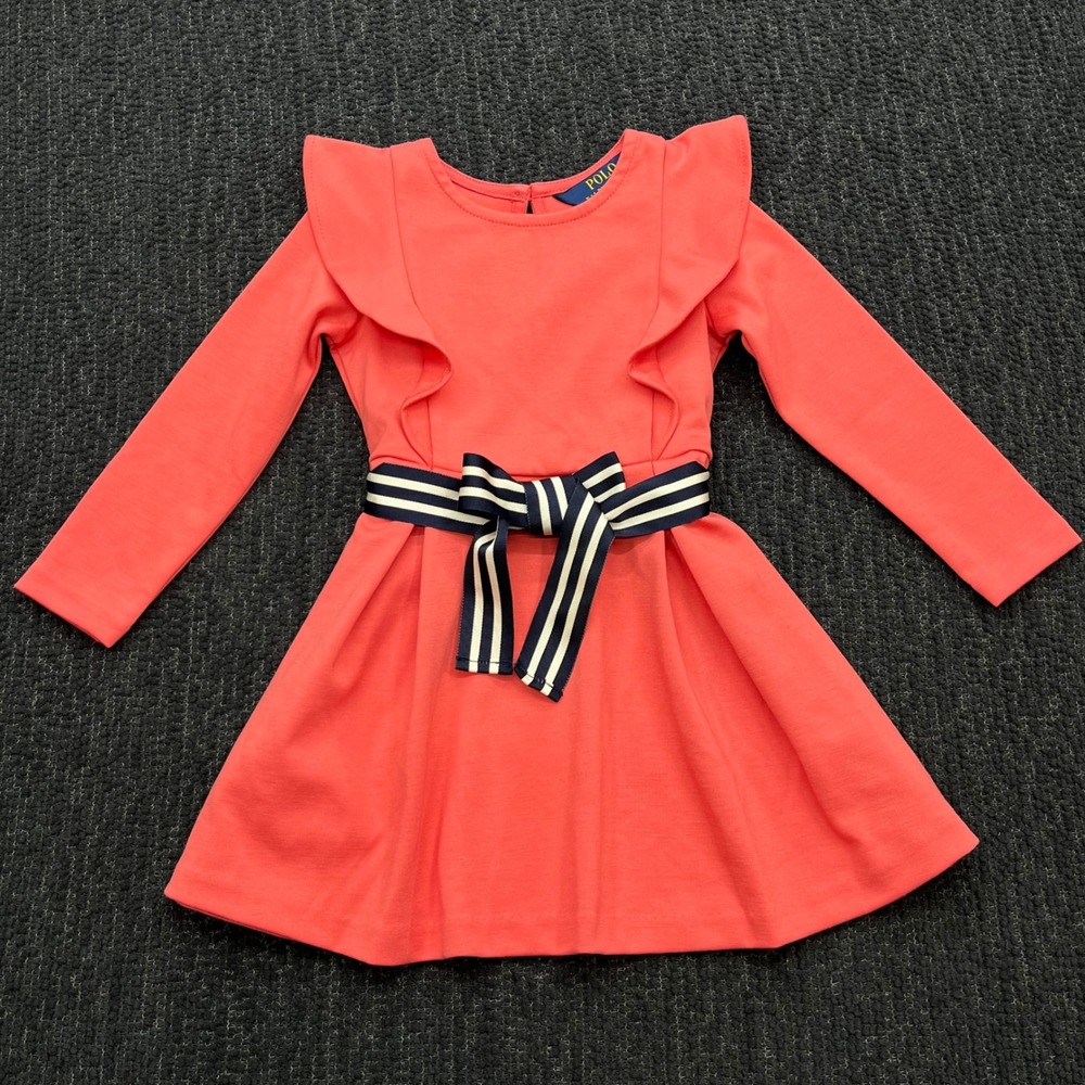 Polo Ralph Lauren Kids Coral Pink Ruffle Long Sleeve Dress Navy Stripe Belt 2T